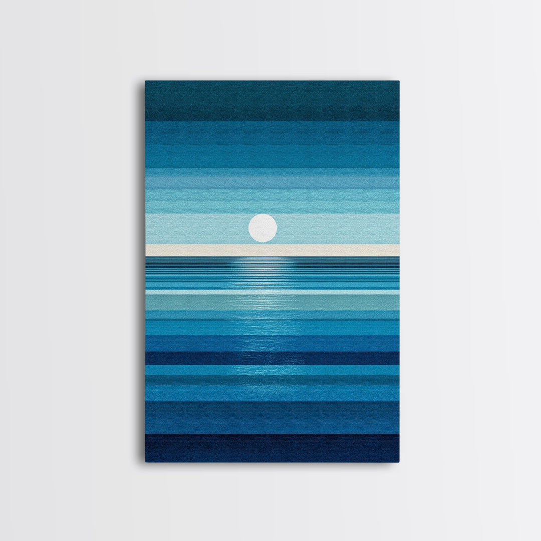 Minimal Blue Ocean Moon Stripes Wall Art, Modern Abstract Art Print, Coastal Bedroom Decor, Scandinavian Modern Canvas Print