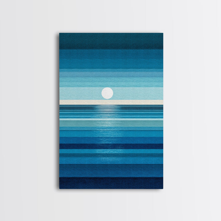 Minimal Blue Ocean Moon Stripes Wall Art, Modern Abstract Art Print, Coastal Bedroom Decor, Scandinavian Modern Canvas Print