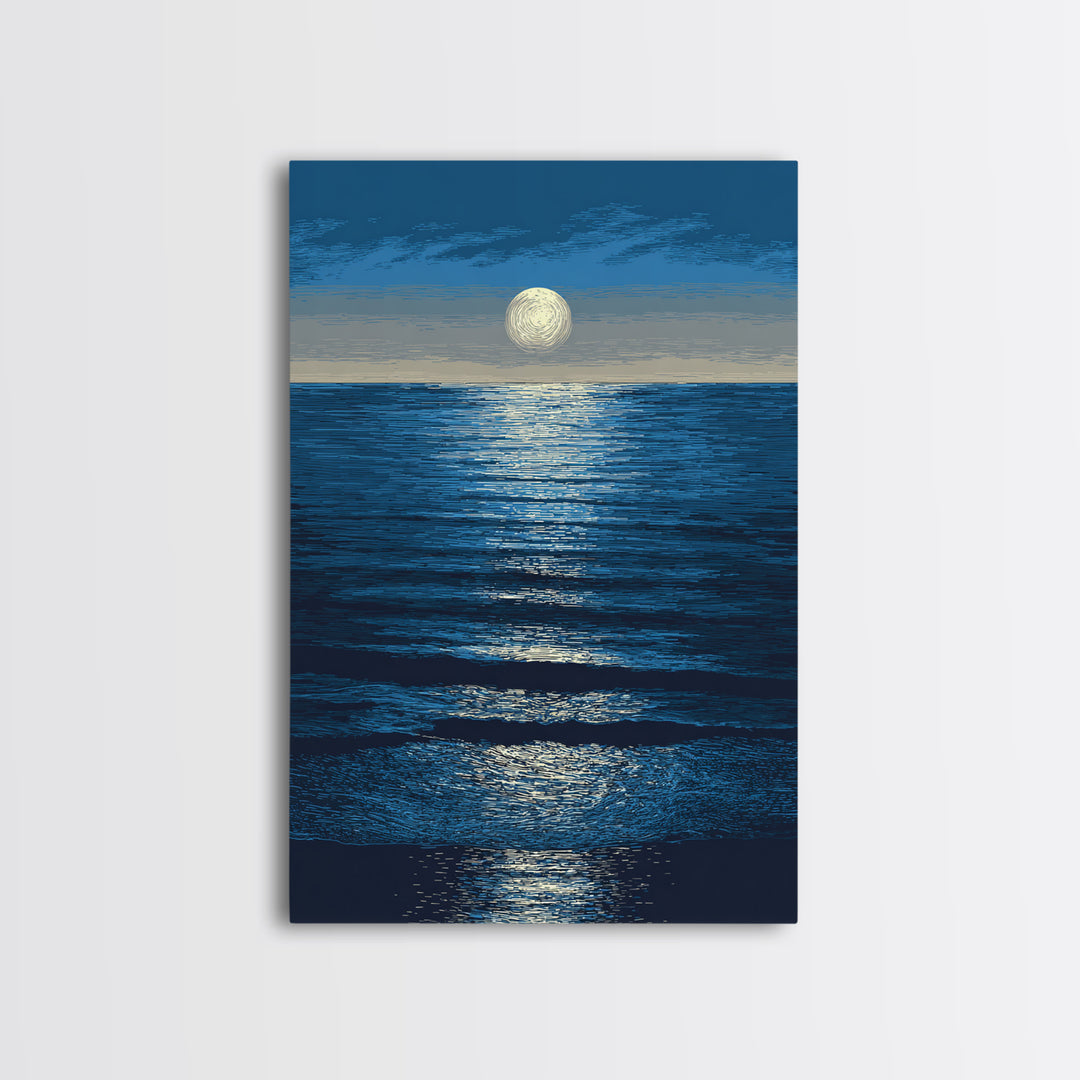 Moonlit Ocean Reflection Framed Canvas Print, Blue Wall Art, Modern Seascape Poster, Coastal Living Room And Bedroom Decor