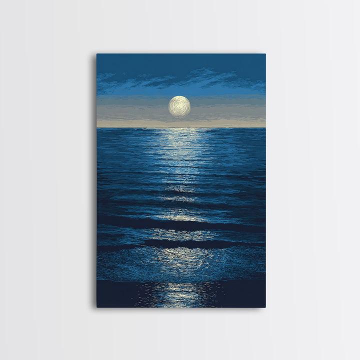 Moonlit Ocean Reflection Framed Canvas Print, Blue Wall Art, Modern Seascape Poster, Coastal Living Room And Bedroom Decor