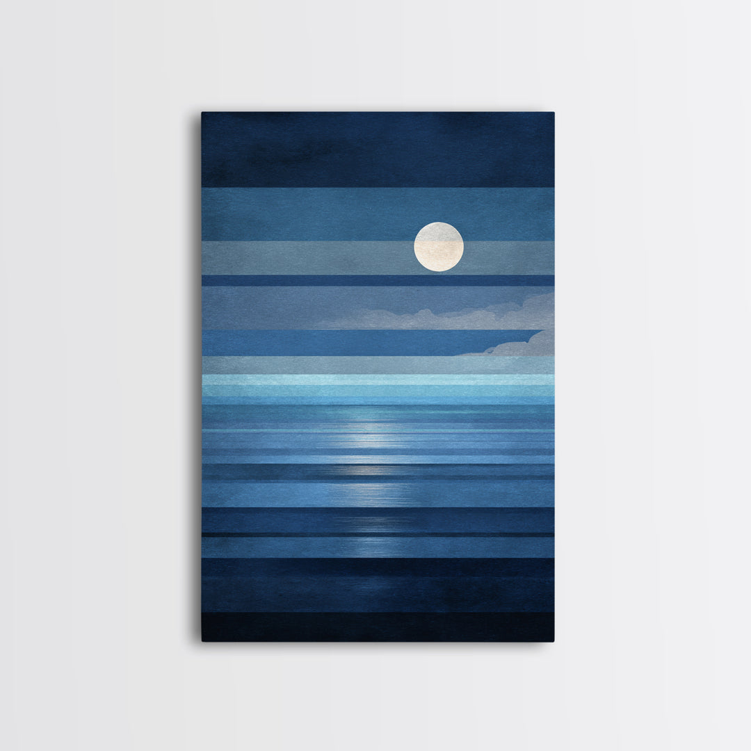 Minimalist Blue Moon Seascape Wall Art, Modern Abstract Ocean Print, Coastal Bedroom Decor, Large Canvas Print For Living Room