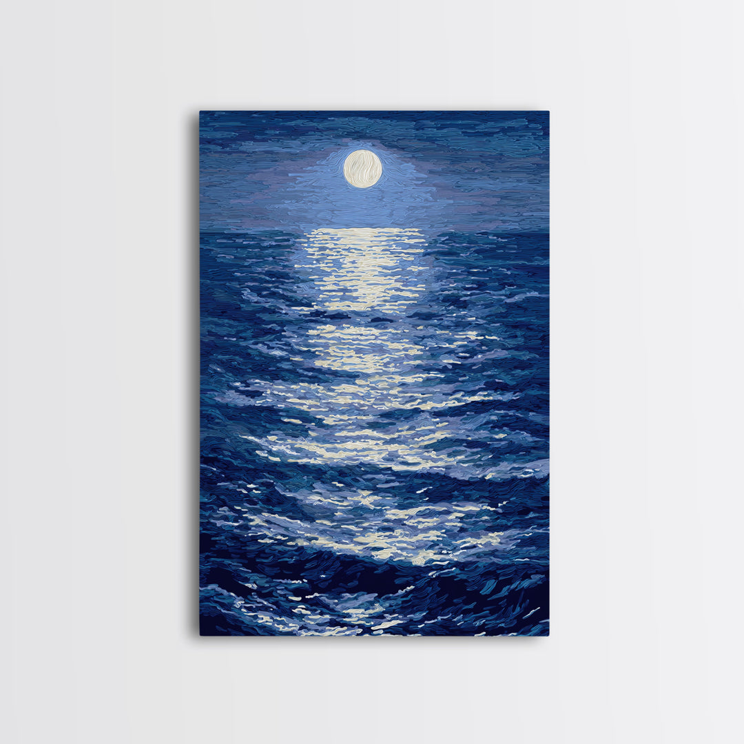Textured Moonlit Waves Canvas Print, Blue Wall Art, Coastal Seascape Painting, Modern Living Room Decor, Ocean Art Print