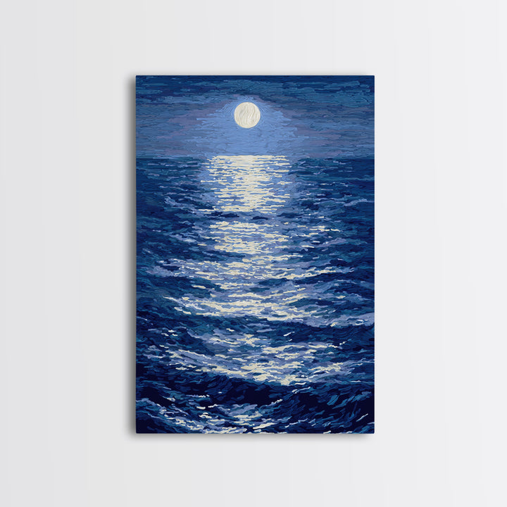 Textured Moonlit Waves Canvas Print, Blue Wall Art, Coastal Seascape Painting, Modern Living Room Decor, Ocean Art Print