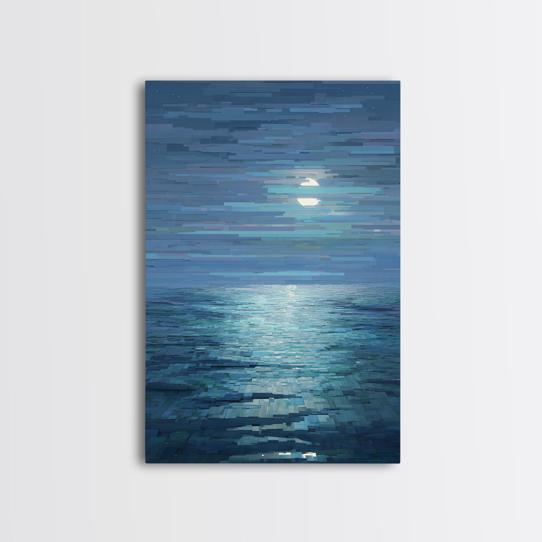 Pixelated Moon Over Calm Sea Wall Art, Modern Digital Art, Blue Coastal Canvas Print, Abstract Seascape Living Room Decor