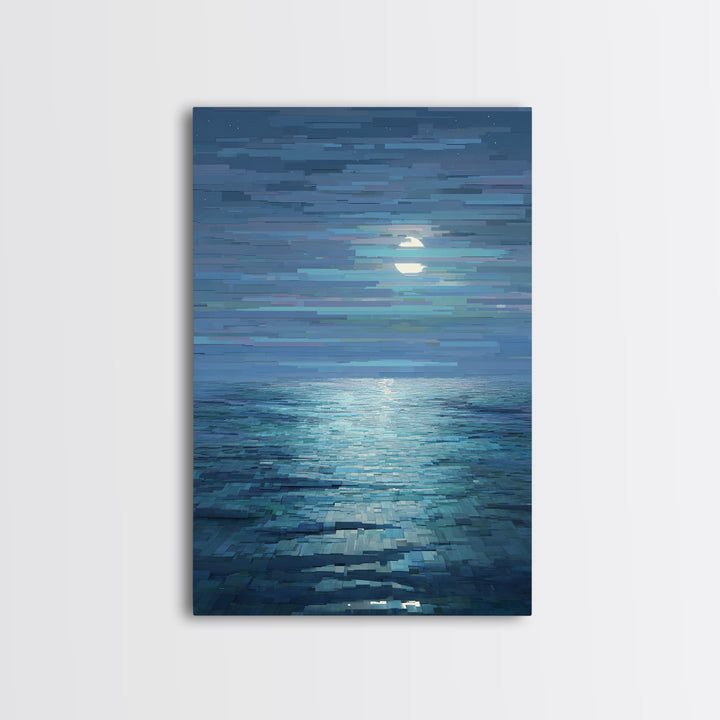 Pixelated Moon Over Calm Sea Wall Art, Modern Digital Art, Blue Coastal Canvas Print, Abstract Seascape Living Room Decor
