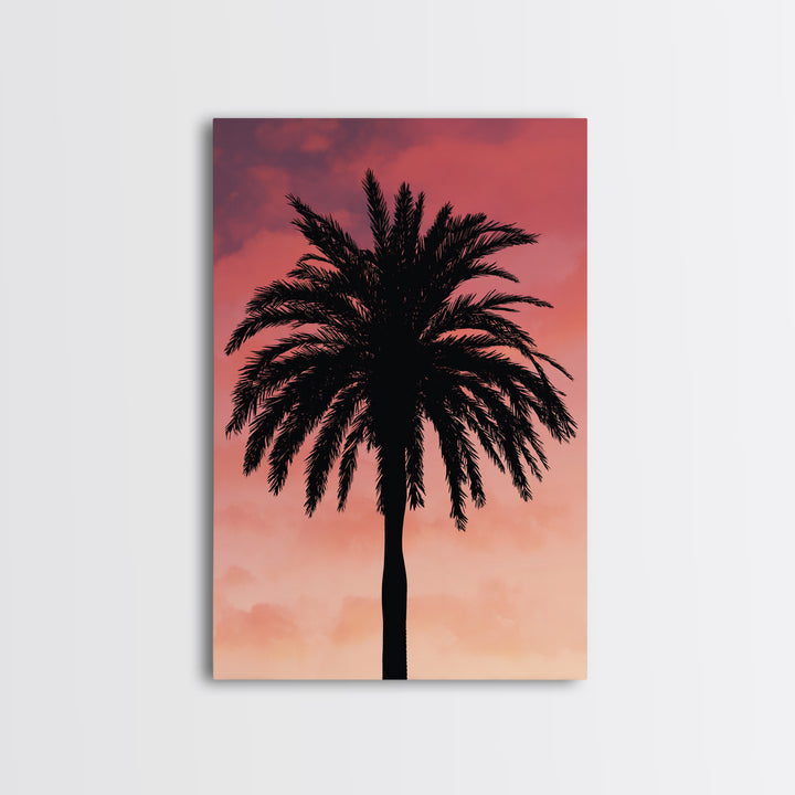 Cloudy Coral Palm Silhouette Sunset Canvas Print, Retro Tropical Wall Decor, Palm Springs Poster, Coastal Bedroom Art Print