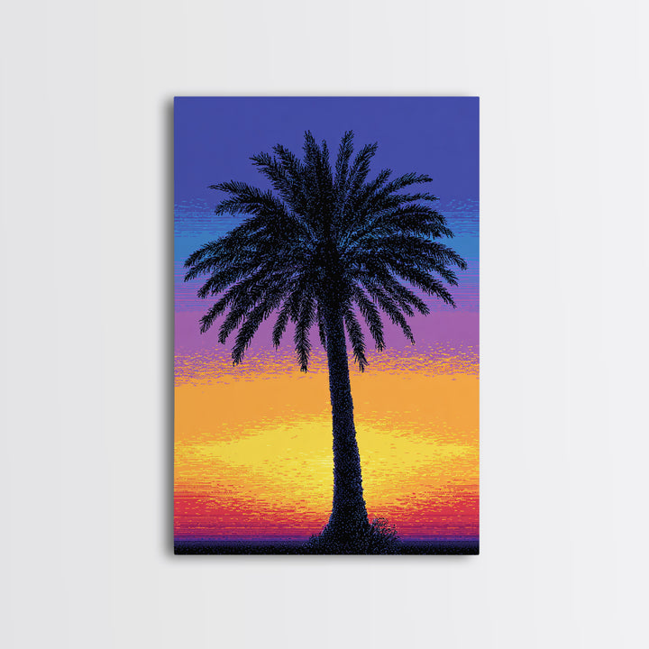 Pixel Palm Tree Against Blue Yellow Sunset Wall Art, Retro Digital Poster, Tropical MCM Wall Decor, Colorful Coastal Print