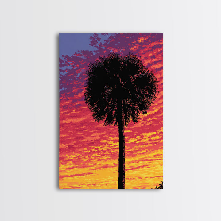 Fiery Palmetto Silhouette In Magenta Sunset Wall Art, Retro Tropical Poster, Palm Springs Decor, Bold Coastal Art Print Gift