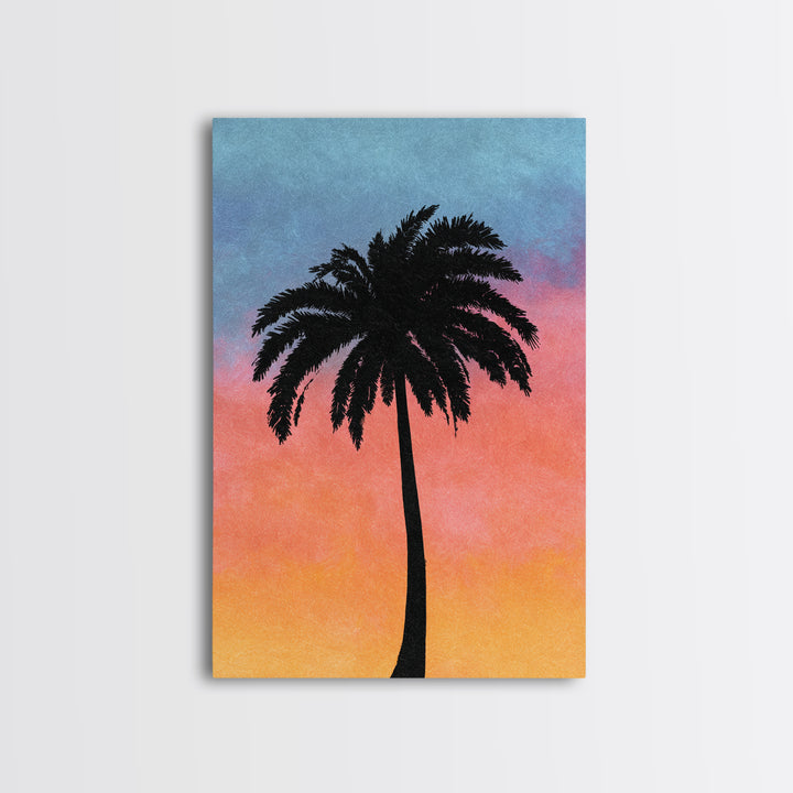 Textured Palm Silhouette With Coral Blue Sky Canvas Print, Retro Tropical Wall Decor, Palm Springs Style, Coastal Art Print