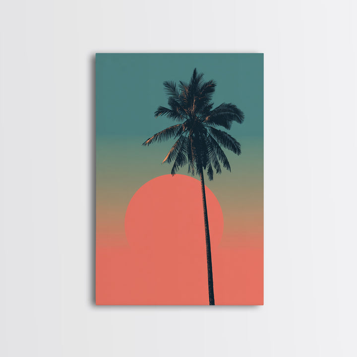 Minimal Palm Tree With Coral Sun Canvas Print, Retro Tropical Poster, Palm Springs Decor, Mid Century Modern Wall Art Print