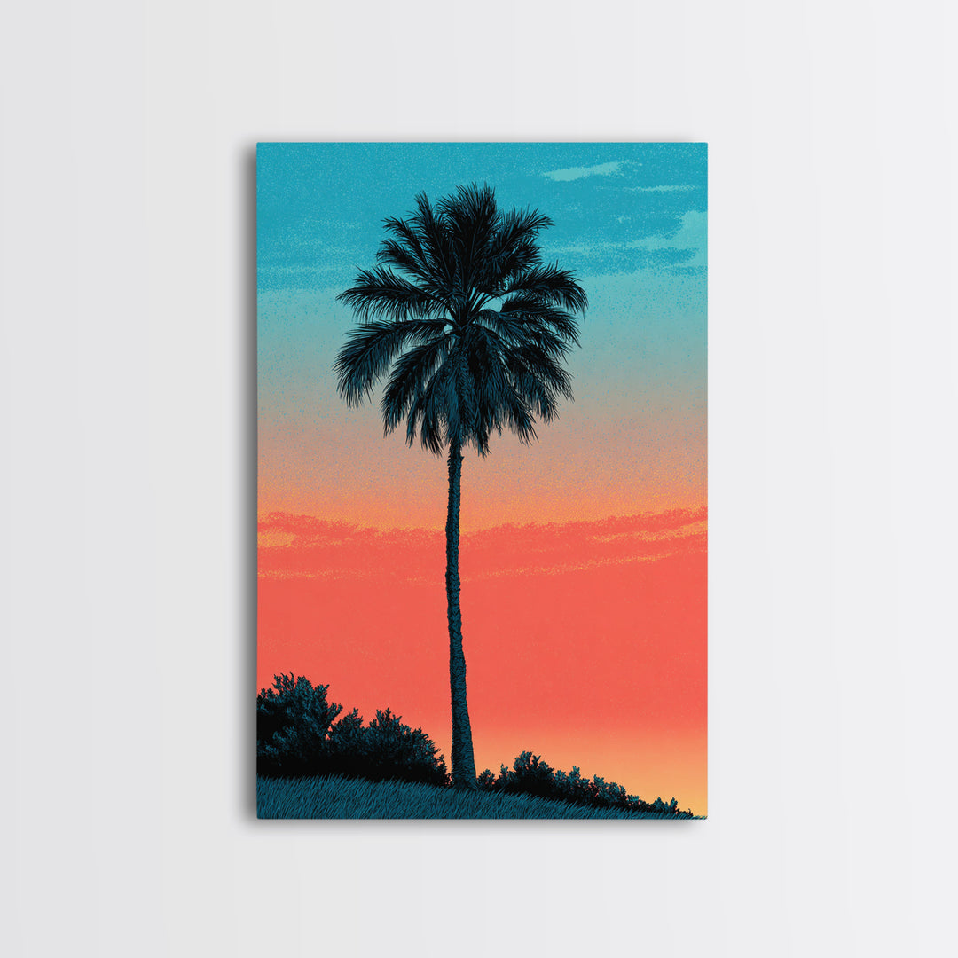 Tall Palm Silhouette In Turquoise Coral Sunset Wall Art, Retro Tropical Poster, Palm Springs Decor, Coastal Home Art Print