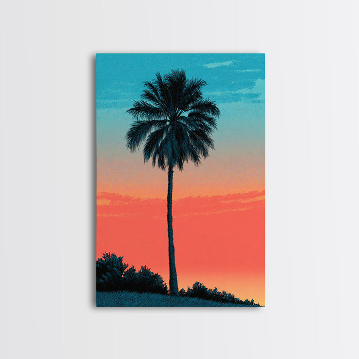 Tall Palm Silhouette In Turquoise Coral Sunset Wall Art, Retro Tropical Poster, Palm Springs Decor, Coastal Home Art Print