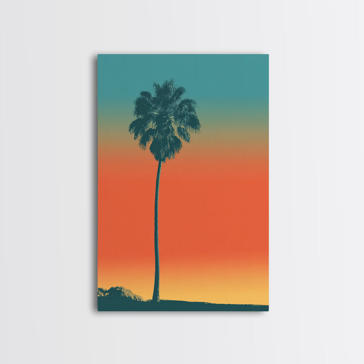 Lone Palm Tree On Orange Teal Horizon Canvas Print, Minimal Retro Tropical Poster, Palm Springs Decor, Coastal Wall Art Print