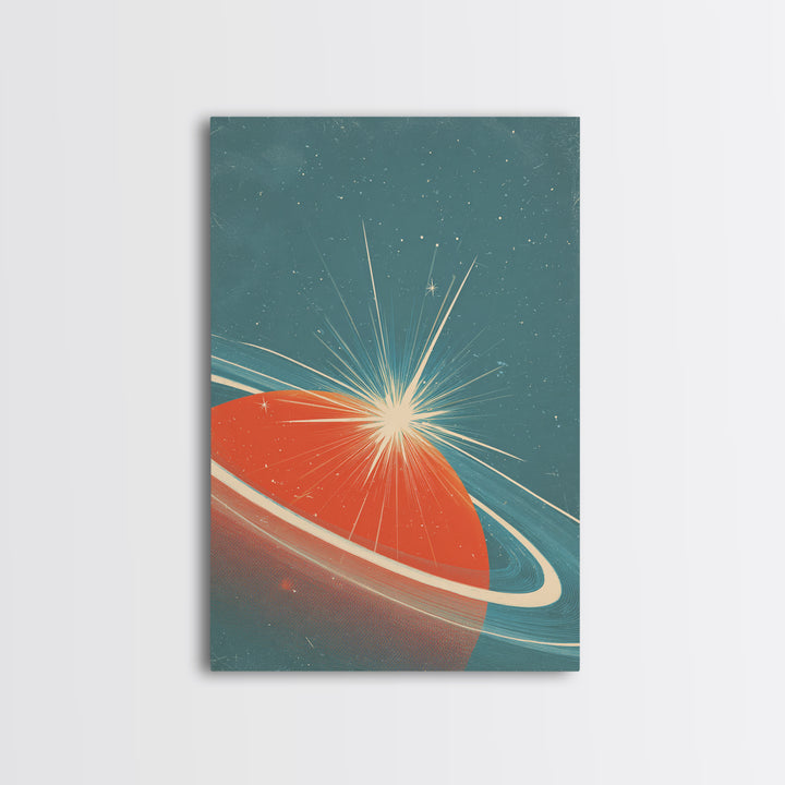 Retro Ringed Planet With Starburst Framed Canvas Print, Mid Century Modern Wall Art, Space Abstract Poster, Sci Fi Decor