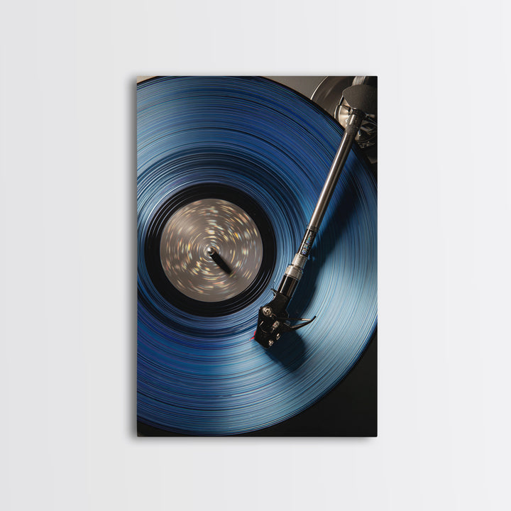 Blue Vinyl Record Canvas Print, Modern Wall Art For Music Lovers, Retro Turntable Poster, Moody Home Office Decor Gift For Him