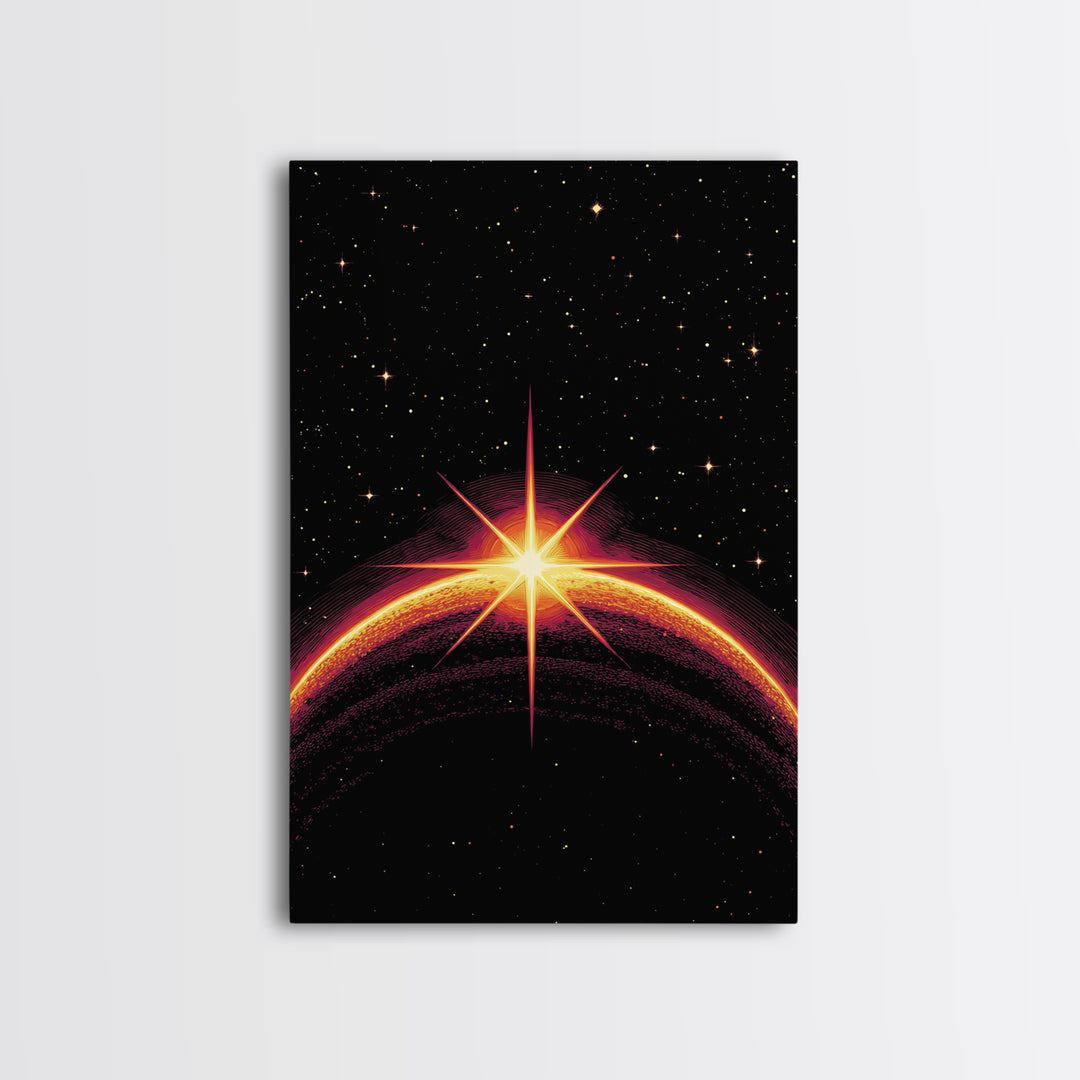 Cosmic Sunrise Over Dark Planet Wall Art, Retro Sci Fi Poster, Space Abstract Art Print, Mid Century Modern Decor, Starry Room Decor