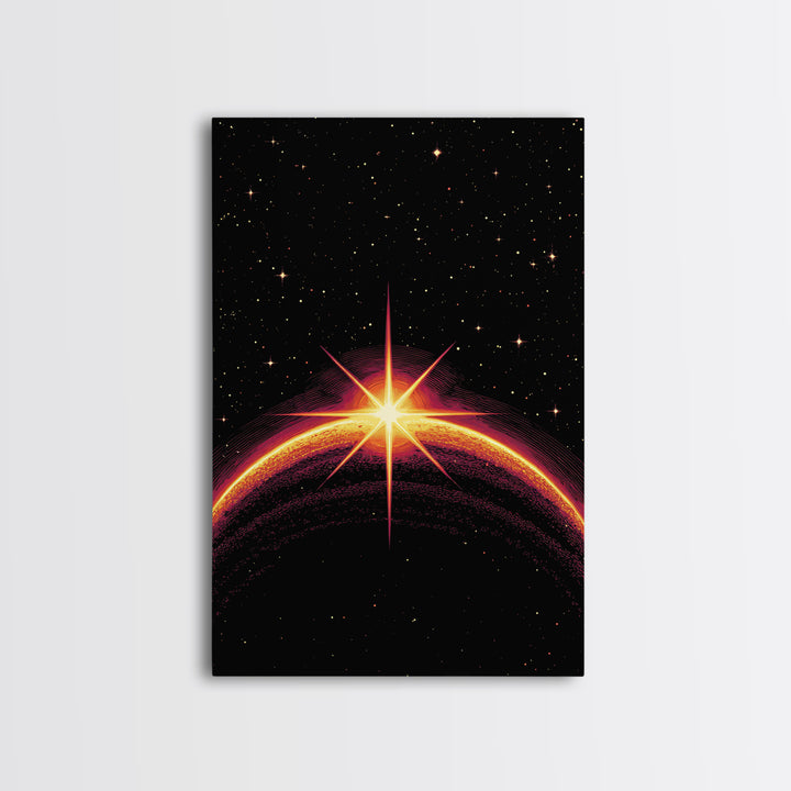 Cosmic Sunrise Over Dark Planet Wall Art, Retro Sci Fi Poster, Space Abstract Art Print, Mid Century Modern Decor, Starry Room Decor