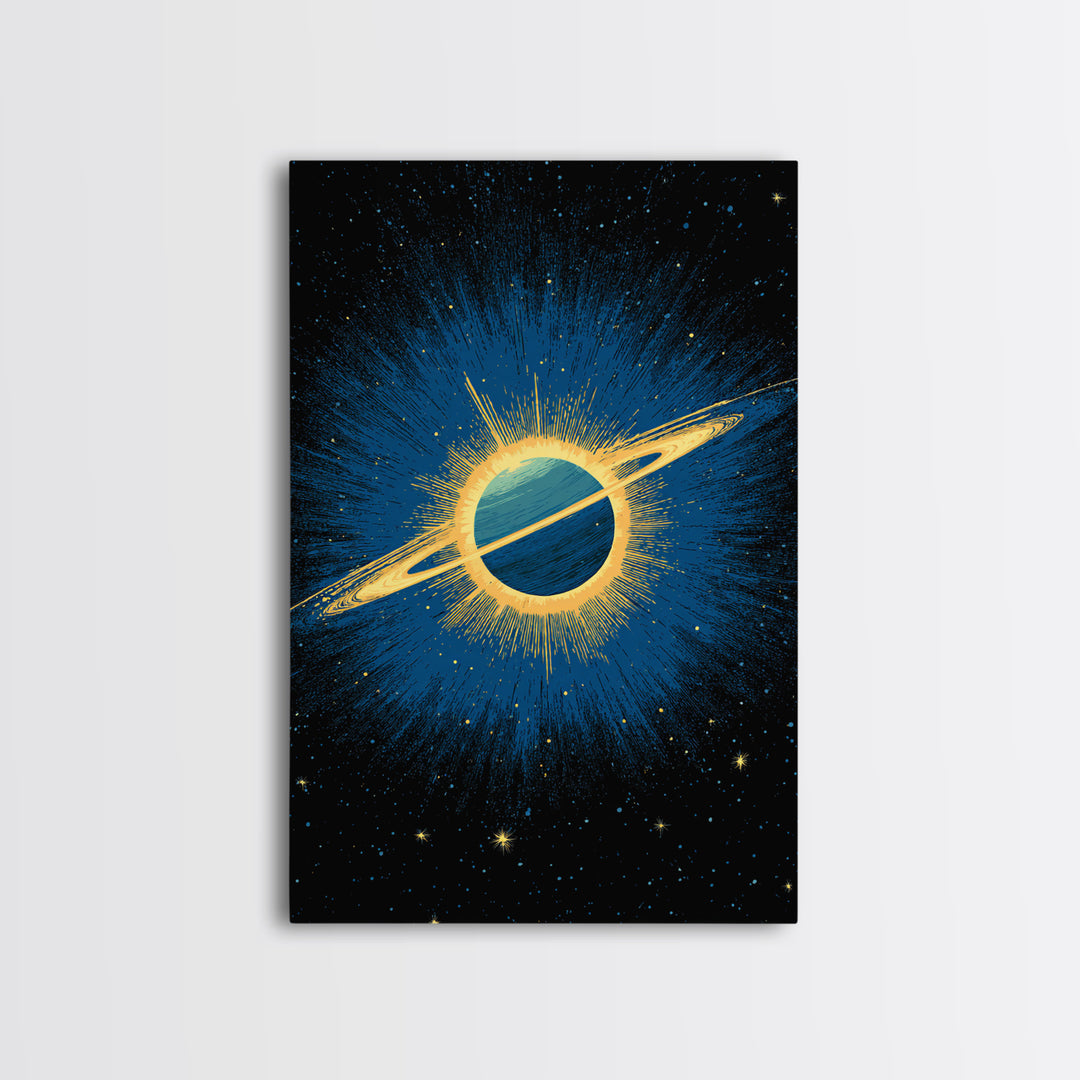 Blue Saturn Eclipse Burst Canvas Print, Retro Sci Fi Space Poster, Modern Wall Art, Midcentury Cosmic Decor, Galaxy Gift