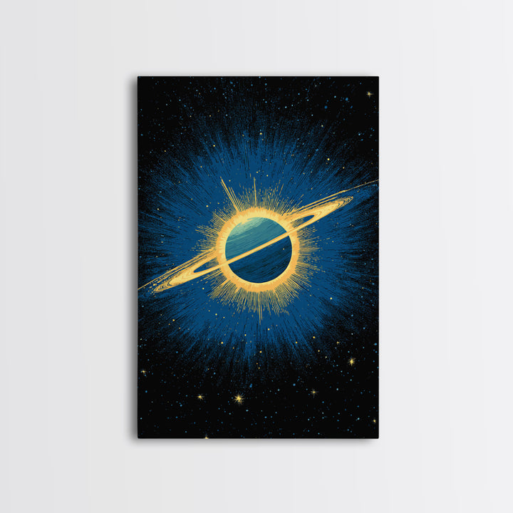 Blue Saturn Eclipse Burst Canvas Print, Retro Sci Fi Space Poster, Modern Wall Art, Midcentury Cosmic Decor, Galaxy Gift