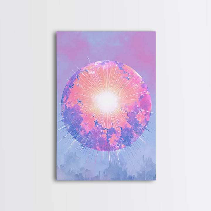 Pink Glowing Planet Over Skyline Wall Art, Pastel Sci Fi Poster, Modern Art Print, Dreamy Space Decor, Retro Galaxy Gift