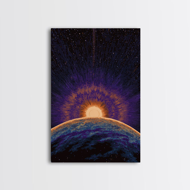 Purple Planet Sunrise Horizon Canvas Print, Retro Sci Fi Space Poster, Modern Wall Art, Midcentury Starburst Decor Gift Idea