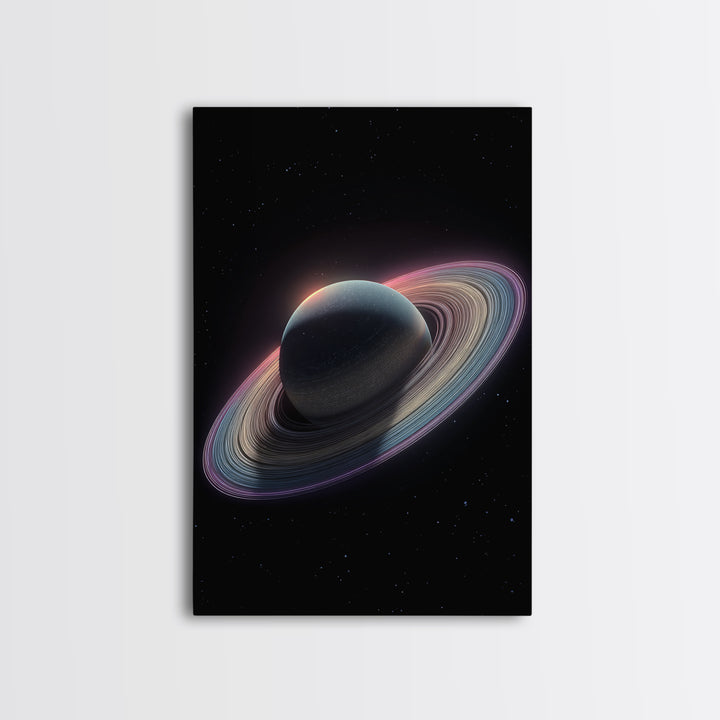 Dark Saturn With Iridescent Rings Wall Art, Realistic Sci Fi Space Poster, Modern Art Print, Cosmic Retro Home Decor Gift
