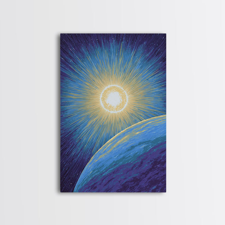Radiant Sun Above Blue Planet Canvas Print, Retro Sci Fi Space Poster, Modern Wall Art, Midcentury Cosmic Home Decor Gift