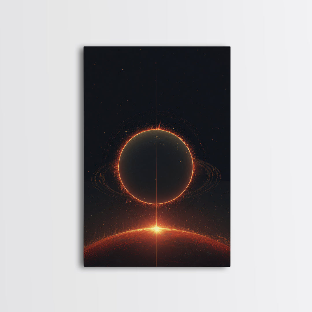 Red Eclipse Over Fiery Planet Wall Art, Minimal Sci Fi Space Poster, Modern Art Print, Dark Cosmic Retro Home Decor Gift