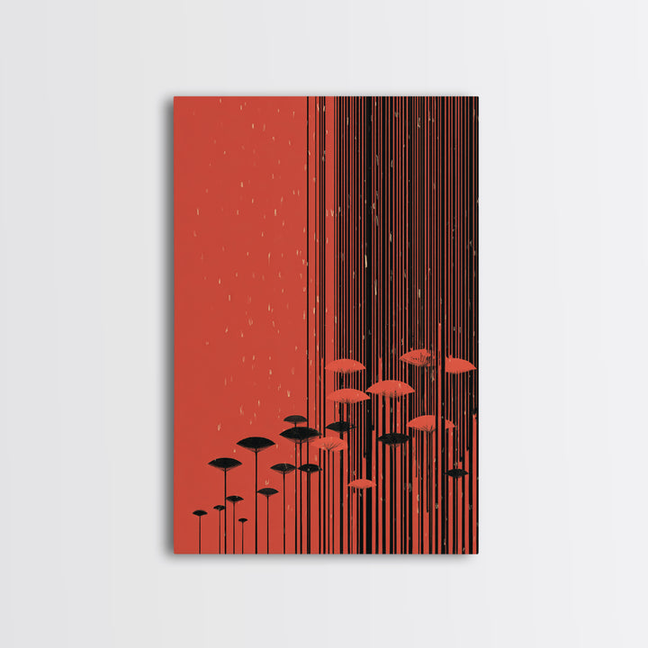 Red Abstract Rain Umbrella Wall Art, Midcentury Modern Art Print, Japanese Poster Style, Geometric Retro Home Decor Gift