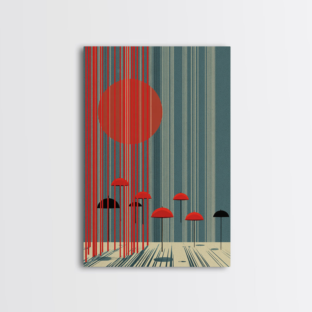 Teal Red Sun And Rain Umbrellas Canvas Print, Midcentury Modern Wall Art, Geometric Japanese Poster, Retro Decor Gift Idea