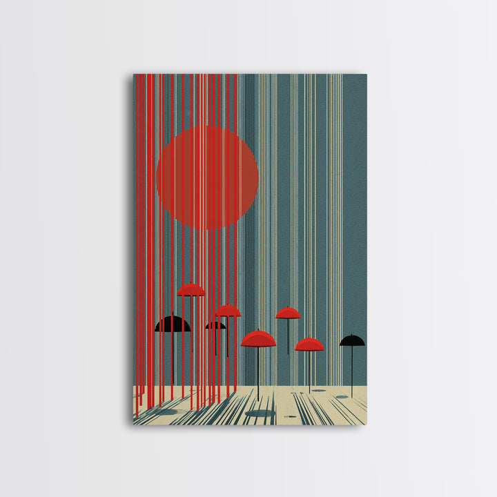 Teal Red Sun And Rain Umbrellas Canvas Print, Midcentury Modern Wall Art, Geometric Japanese Poster, Retro Decor Gift Idea