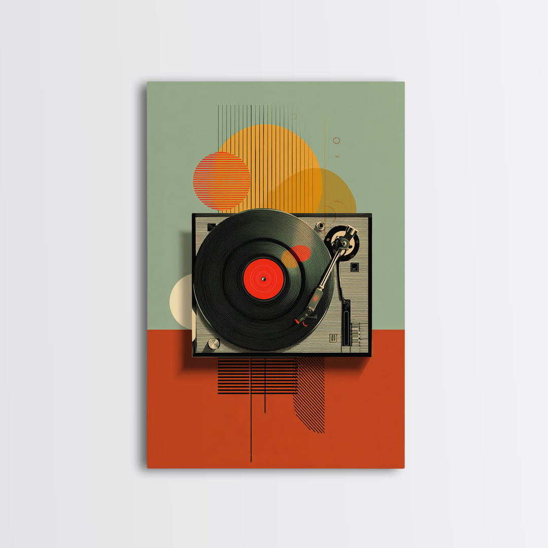 Retro Turntable Sun Shapes Framed Canvas Print, Midcentury Modern Wall Art, Orange Green Music Room Decor Poster For Vinyl Lovers