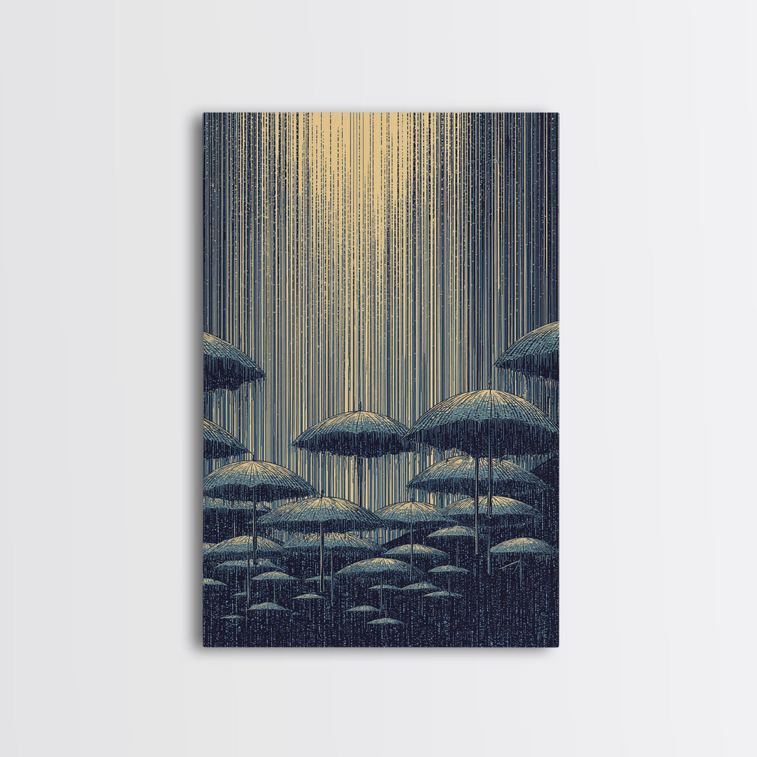 Blue Rainy Umbrella Moonlight Wall Art, Midcentury Modern Art Print, Japanese Poster Style, Retro Scenic Home Decor Gift