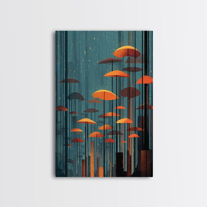Rainy Teal Forest With Orange Umbrella Mushrooms Wall Art, Midcentury Modern Art Print, Retro Mcm Decor, Surreal Nature Poster