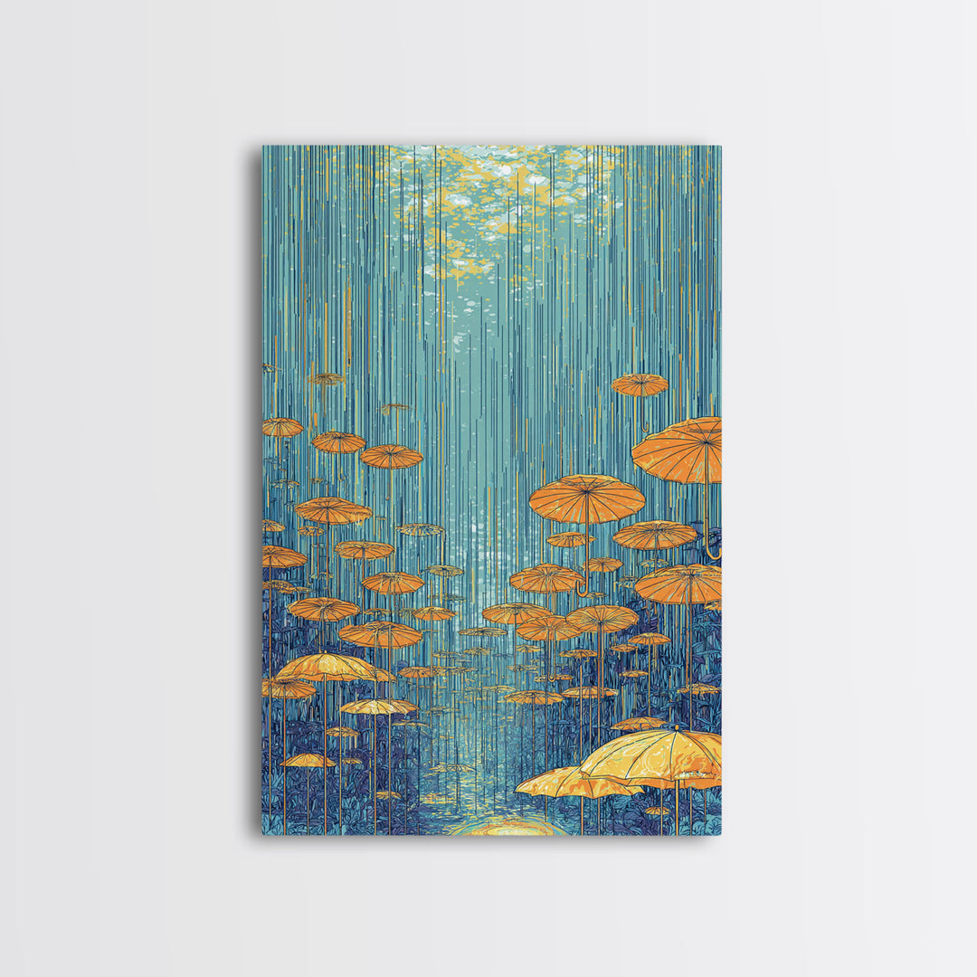 Golden Parasol Mushrooms In Blue Rain Canvas Print, Midcentury Modern Wall Art, Retro Botanical Decor, Colorful Nature Poster