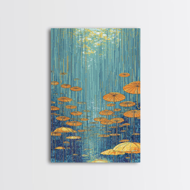 Golden Parasol Mushrooms In Blue Rain Canvas Print, Midcentury Modern Wall Art, Retro Botanical Decor, Colorful Nature Poster
