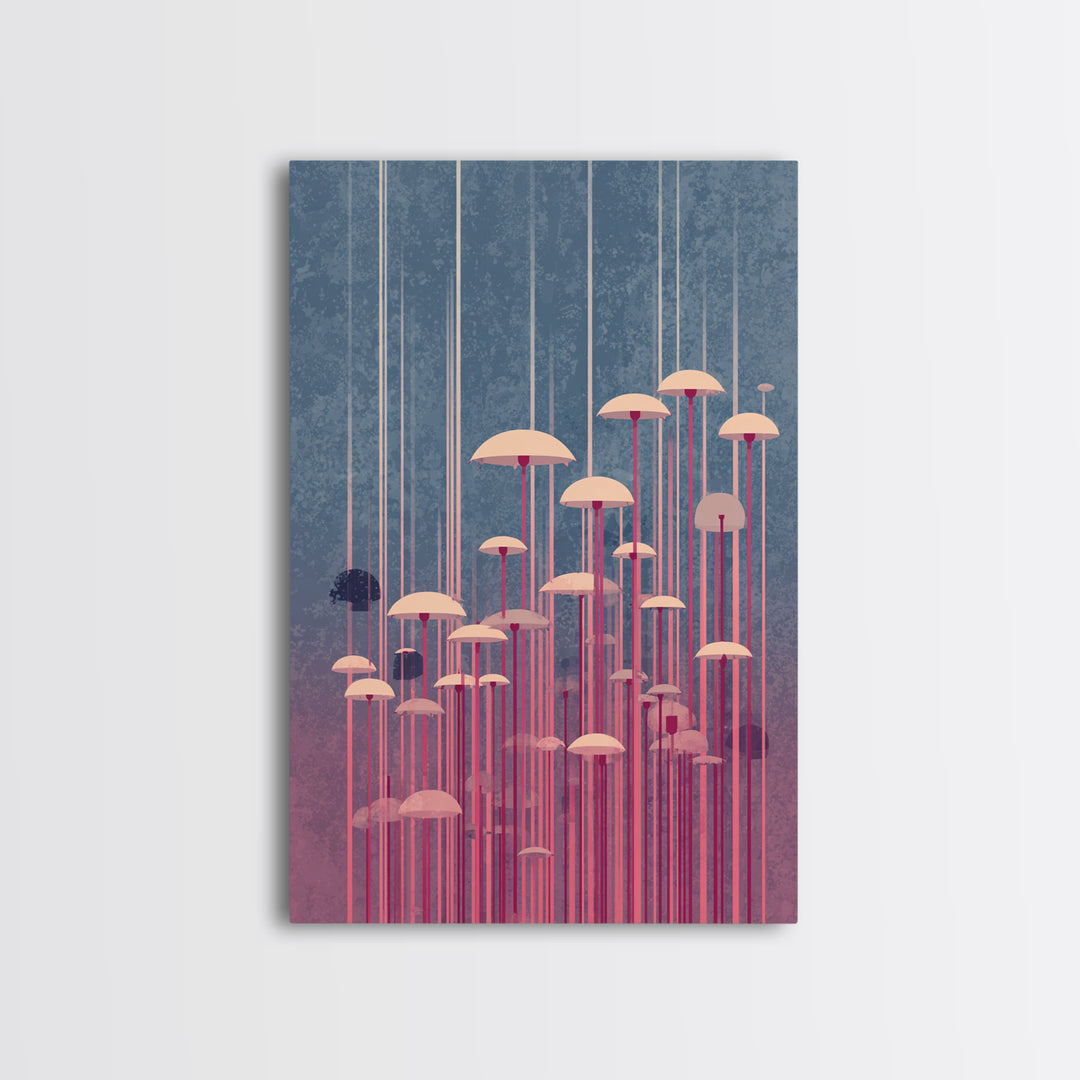 Pastel Pink Umbrella Forest In Mist Framed Canvas Print, Midcentury Modern Wall Art, Retro Mcm Decor, Dreamy Abstract Poster