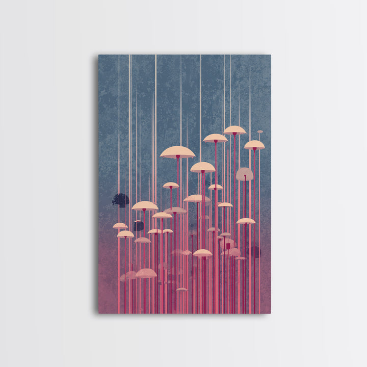 Pastel Pink Umbrella Forest In Mist Framed Canvas Print, Midcentury Modern Wall Art, Retro Mcm Decor, Dreamy Abstract Poster