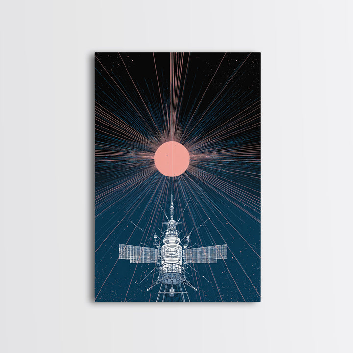 Satellite Under Pink Cosmic Sun Wall Art, Midcentury Modern Sci Fi Poster, Space Abstract Art, Retro Futurism Decor Print