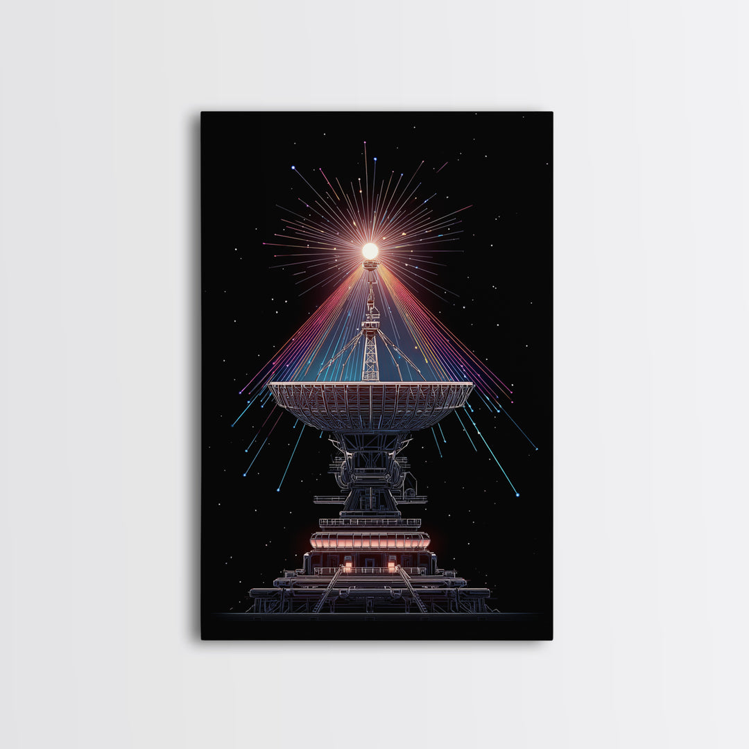Radio Telescope Starburst On Black Canvas Print, Midcentury Modern Space Poster, Sci Fi Wall Art, Retro Cosmic Office Decor