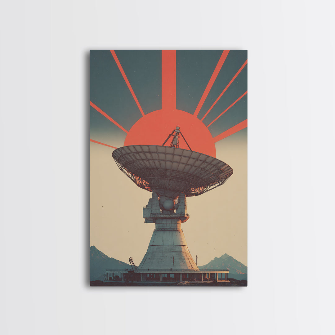 Mountain Radio Telescope With Red Sunbeams Framed Canvas Print, Midcentury Modern Wall Art, Retro Space Poster, Mcm Decor