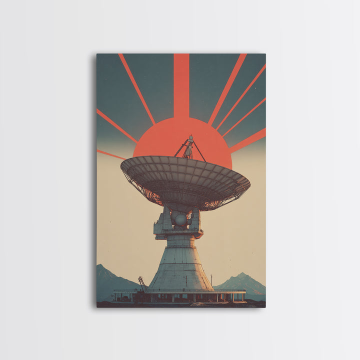 Mountain Radio Telescope With Red Sunbeams Framed Canvas Print, Midcentury Modern Wall Art, Retro Space Poster, Mcm Decor