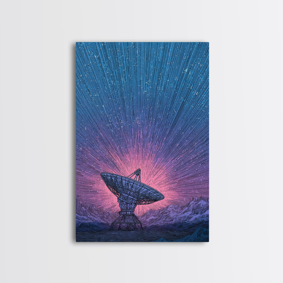 Mountain Satellite Dish With Pink Data Beams Wall Art, Midcentury Modern Sci Fi Poster, Space Abstract Art, Retro Decor Print