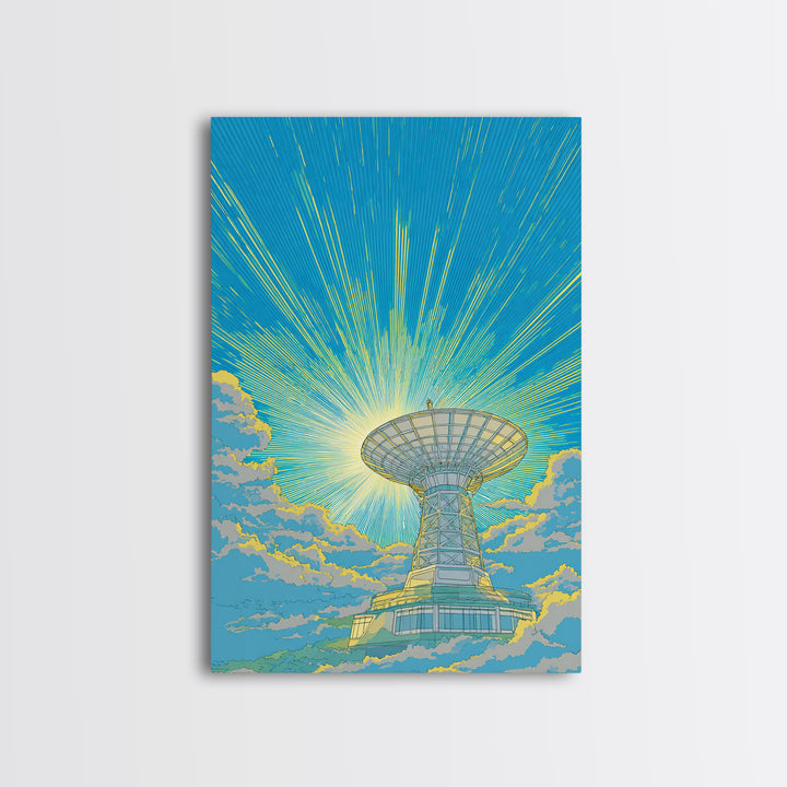 Bright Sky Satellite Dish With Neon Rays Canvas Print, Midcentury Modern Wall Art, Retro Space Poster, Colorful Office Decor