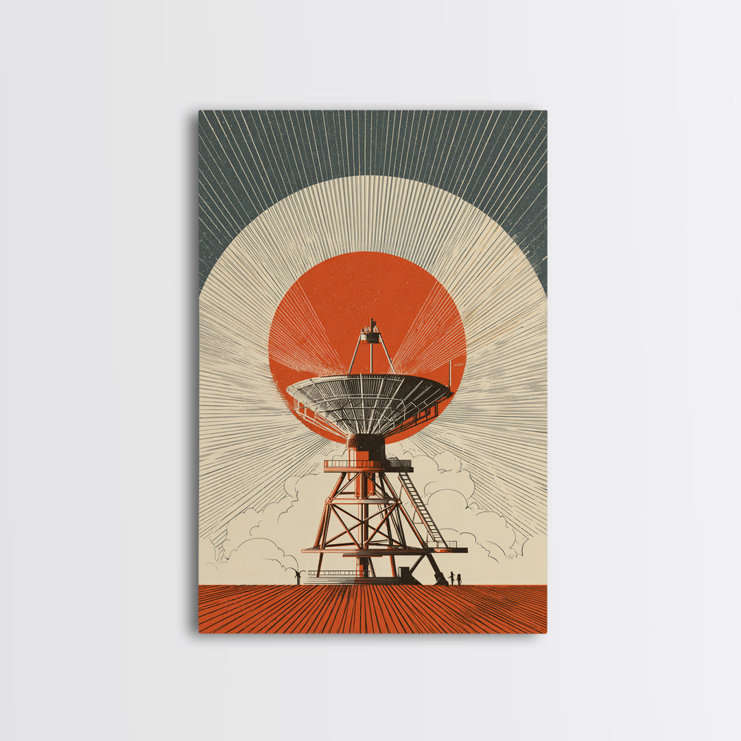 Orange Eclipse Radio Telescope In Desert Wall Art, Midcentury Modern Space Poster, Retro Futurism Decor, Geometric Art Print