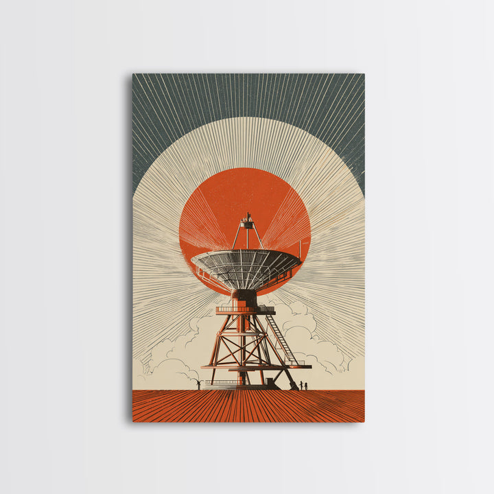 Orange Eclipse Radio Telescope In Desert Wall Art, Midcentury Modern Space Poster, Retro Futurism Decor, Geometric Art Print