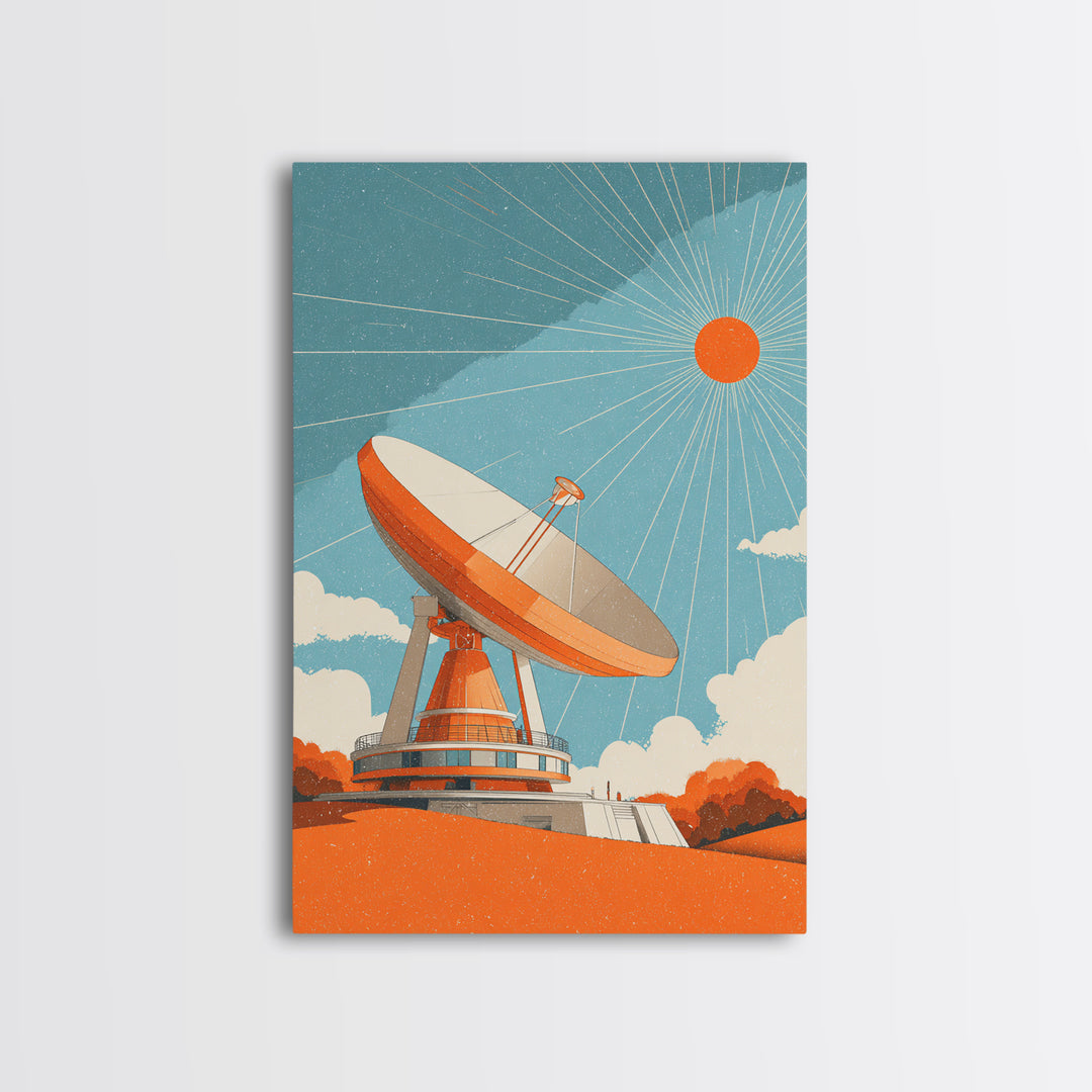 Orange Satellite Dish Under Blue Sun Canvas Print, Midcentury Modern Wall Art, Retro Space Poster, Atomic Mcm Office Decor