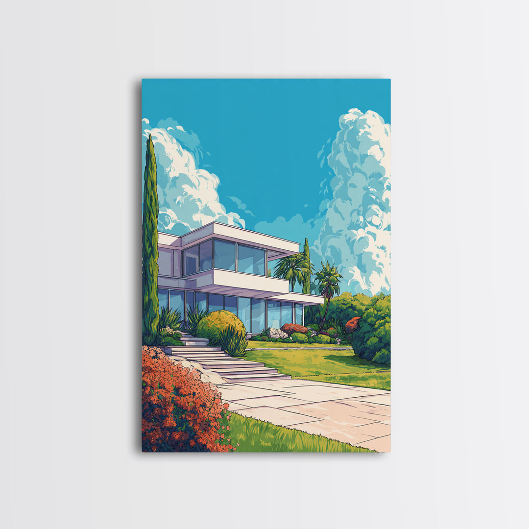 Palm Springs Modernist House Canvas Print, Mid Century Architecture Wall Decor, Retro Travel Poster, Colorful MCM Home Art