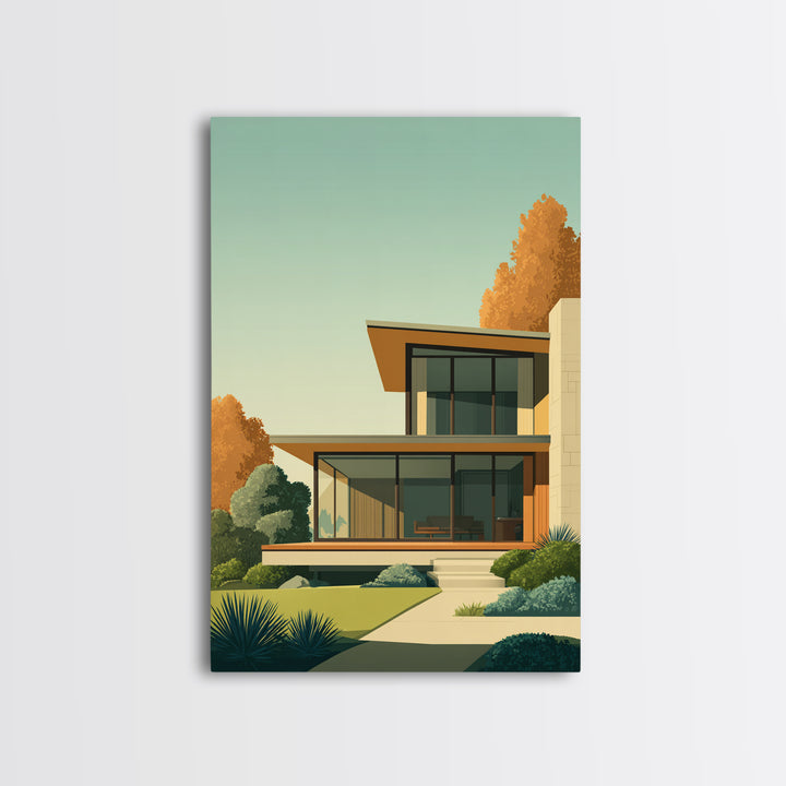 Warm Mid Century Modern House Framed Canvas Print, Architectural Wall Decor, MCM Home Artwork, Minimalist Retro Poster Prints
