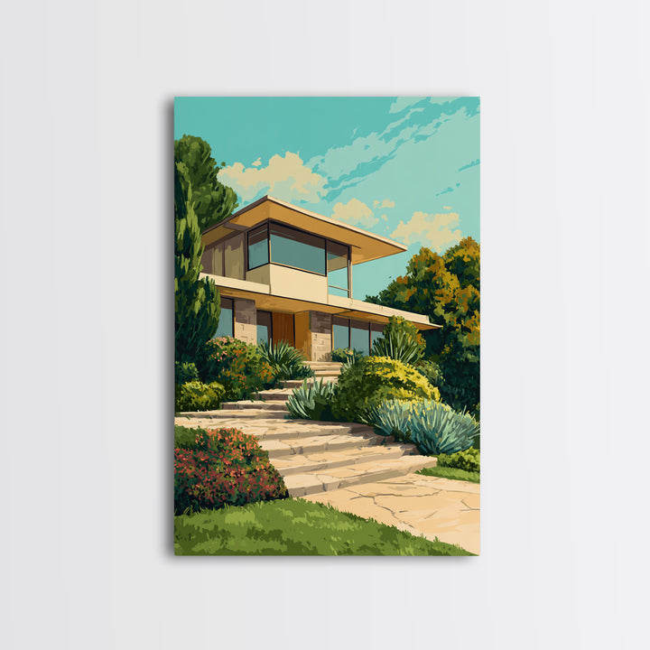 Lush Mid Century Modern House Canvas Print, Architectural Garden Wall Decor, MCM Landscape Poster, Retro Home Office Art